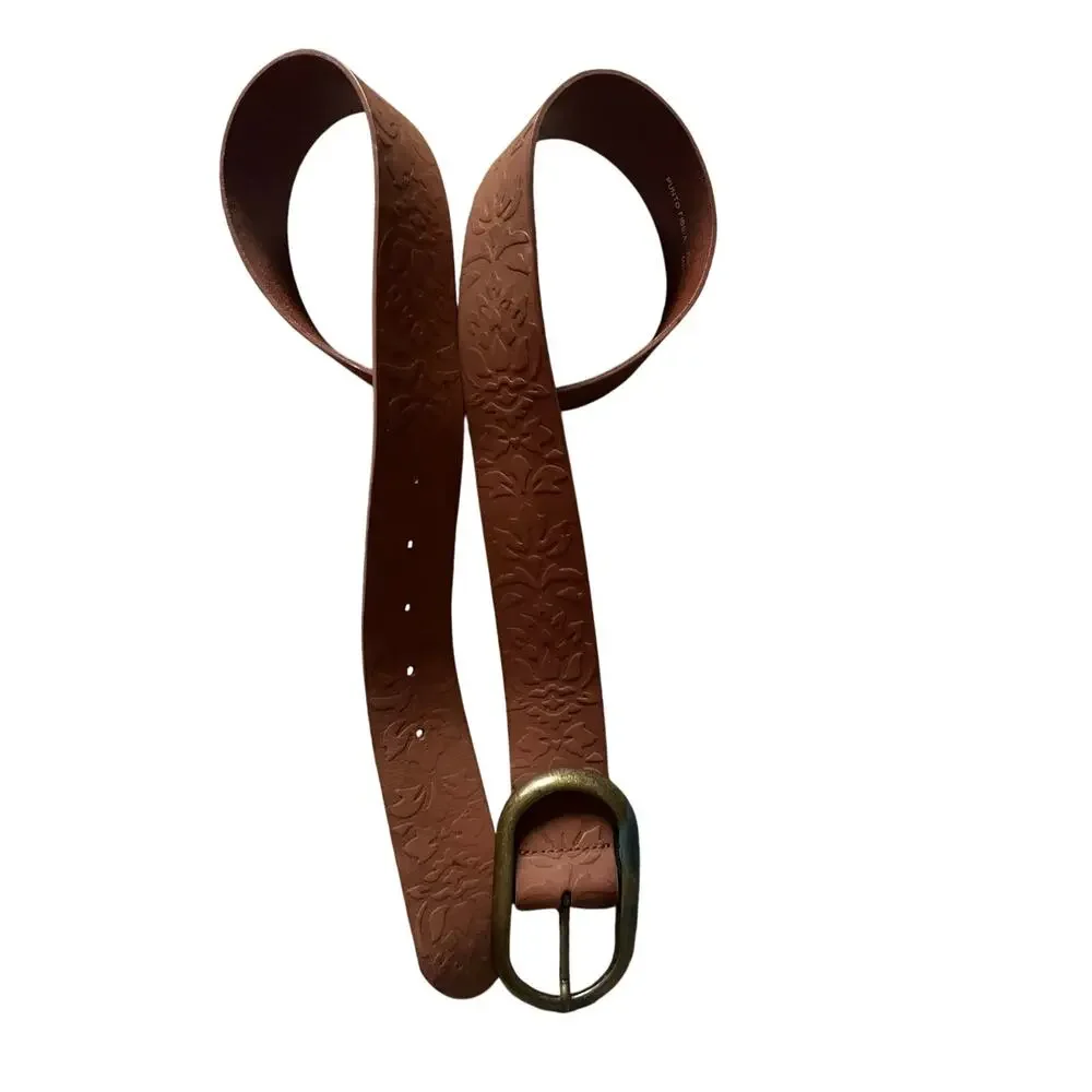 Womens Leather Floral Belt Tan/Brown Color Punto Fibbia M/L Western Fair Boho
